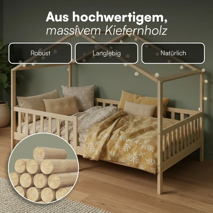 Bellabino 'Bia' Hausbett 120x200 cm mit Matratze, natur, Kiefer Massivholz, Montessori Kinderbett mit Rausfallschutz und Lattenrost – Bild 5