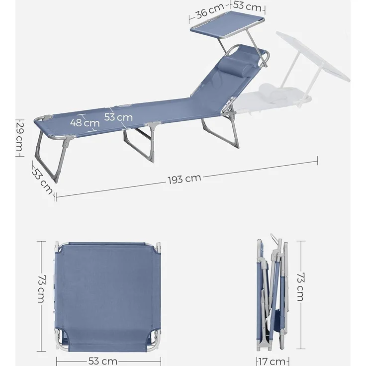 SONGMICS Sonnenliege, klappbarer Liegestuhl, 193 x 53 x 29 cm, max. Belastbarkeit 150 kg, mit Sonnenschutz, Kopfstütze und Verstellbarer Rückenlehne, für Garten, Pool, Terrasse, blau GCB192Q01 – Bild 3