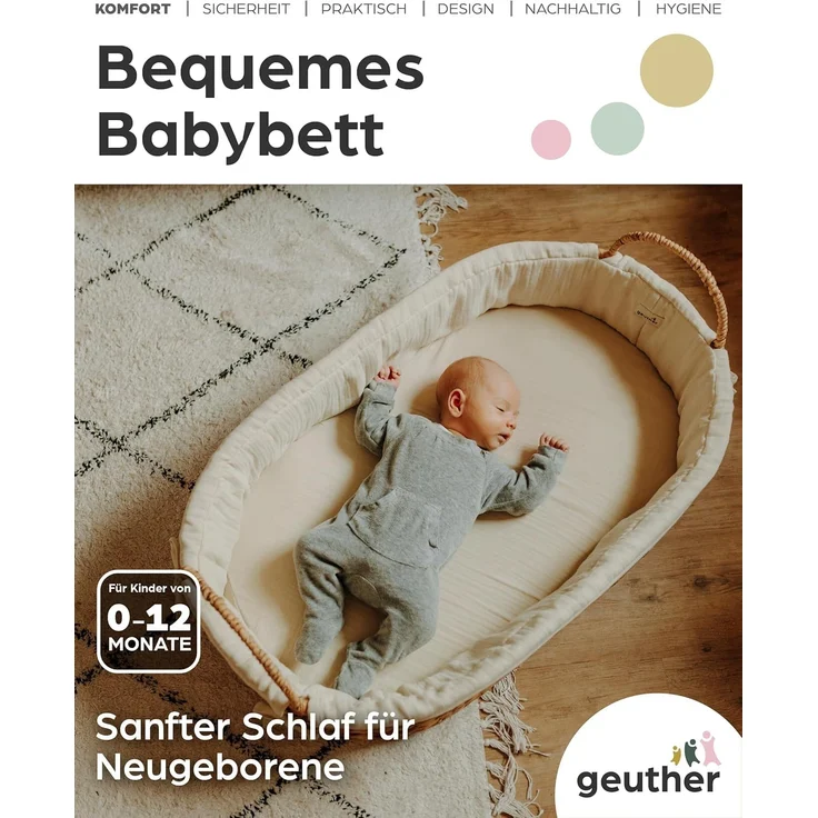 Geuther Moses Nest Babynest Tragekorb ruhiger Schlafplatz für Babys aus natürlichem Korbgeflecht waschbar mit atmungsaktiver Matratze aus 100% Bio Baumwolle Farbe: Beige, 5. 66 kilograms – Bild 3