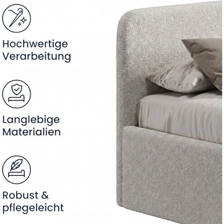 Home Collective Polsterbett mit Stauraum, verstellbarem Lattenrost, Bouclé-Stoff in Schwarz oder Creme, viele Größen, wählbare Matratze Federkern oder Kaltschaum – Bild 7