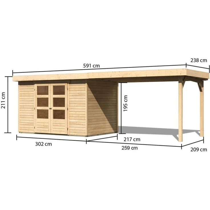 Gartenhaus Askola 4 - 302x217 cm plus Anbaudach 2,80m mit Wänden, 19 mm naturbelassen, Karibu – Bild 2