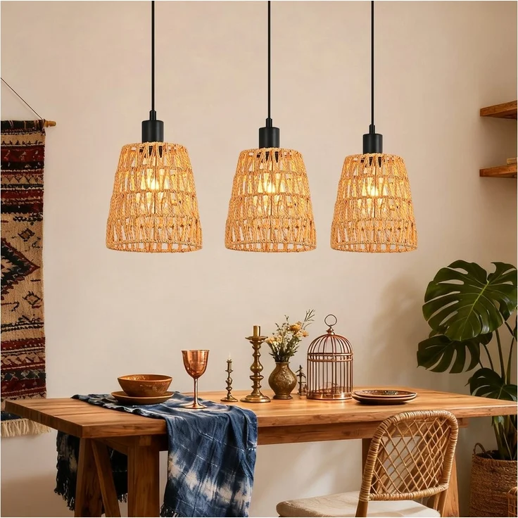 Nettlife Pendelleuchte Retro Boho Hängelampe Rattan höhenverstellbar 1/3 flammige E27, Höhenverstellbar, ohne Leuchtmittel, ob Schlafzimmer Flur Esszimmer Dachboden Küche – Bild 5