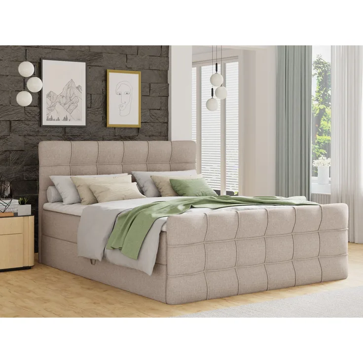 Boxspringbett Best Lux mit Fußteil, 2 Bettkästen, Bonell-Matratze und Topper, Polsterbett (Beige (Inari 22), 140 x 200 cm)