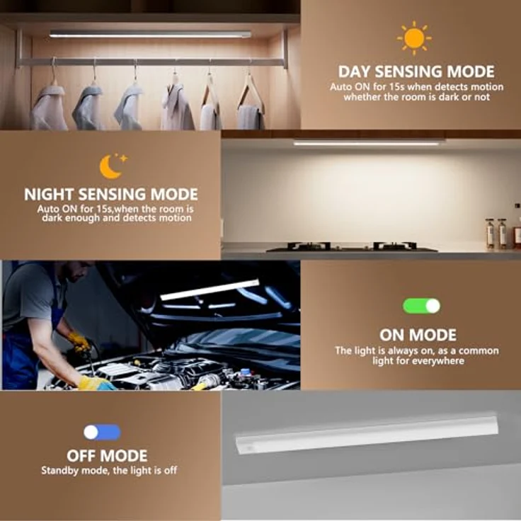 Unterbauleuchte Küche LED Schrankbeleuchtung mit Bewegungsmelder Innen 3Farbmodi Dimmbar 3000K/4000K/6500K,60cm 2Stück,LED Leiste Lampe Ohne Bohren USB Kabellos für Kleiderschrank/Treppe/Vitrinen/RV – Bild 3