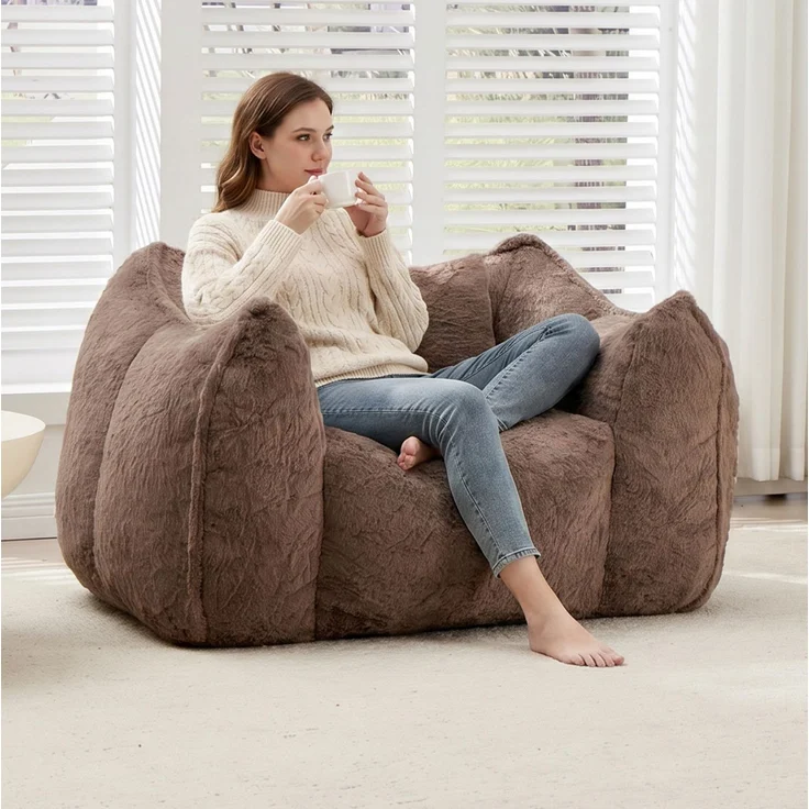 Sitzsack 123cm×97cm×73cm mit Kissen – Loungesessel aus Kunstfell in Khaki, weich und formstabil – Bild 3