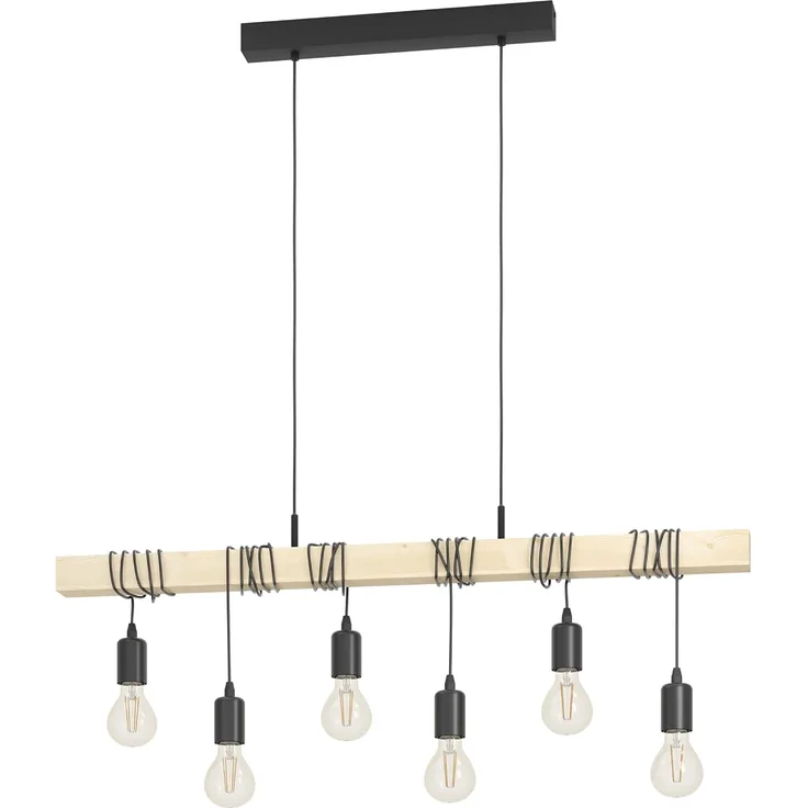 Eglo 95499 Pendelleuchte Townshend Stahl schwarz, Holz braun E27 6X40W L:100cm H:110cm dimmbar