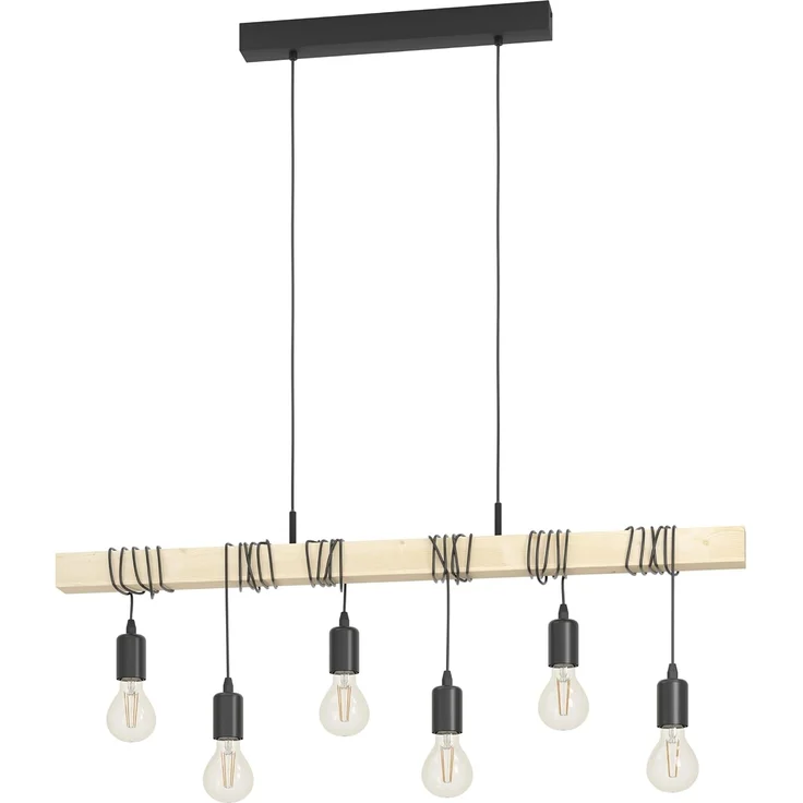 Eglo 95499 Pendelleuchte Townshend Stahl schwarz, Holz braun E27 6X40W L:100cm H:110cm dimmbar – Bild 1