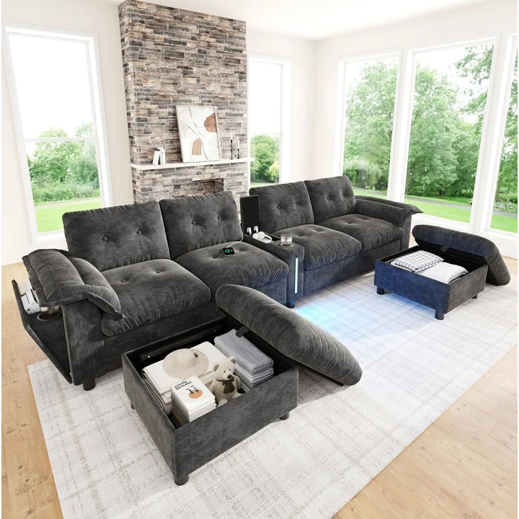 DESVIAE Sofa Modular Grau aus Chenille – 312x82x142 cm – Stauraum-Hocker, LED-Beleuchtung – Bild 1