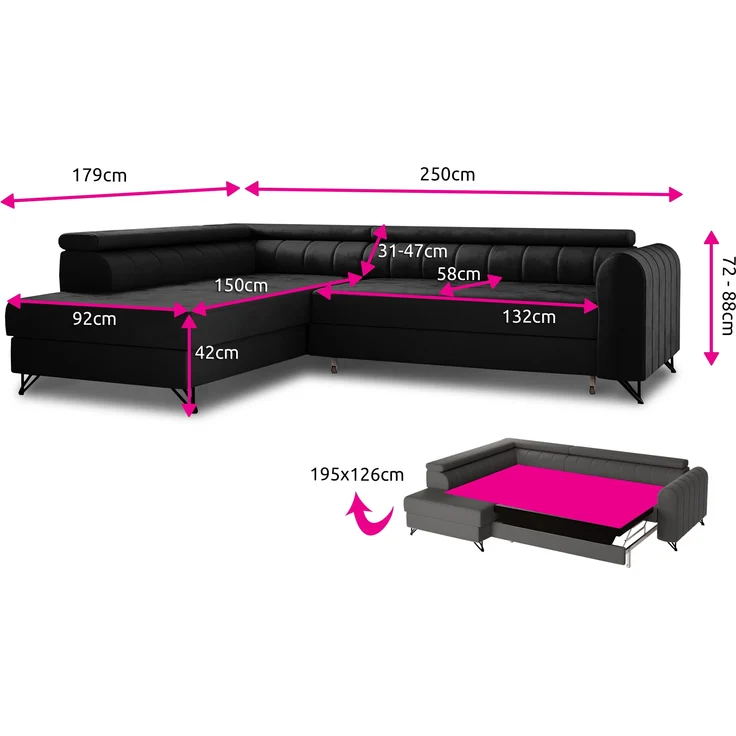 Ecksofa Alice mit Schlaffunktion und Bettkasten, Wohnlandschaft mit einstellbare Kopfstützen, Couch, Sofa, Bettsofa, Schlafsofa (Graphit (Kronos 22), Ecksofa Rechts) – Bild 5