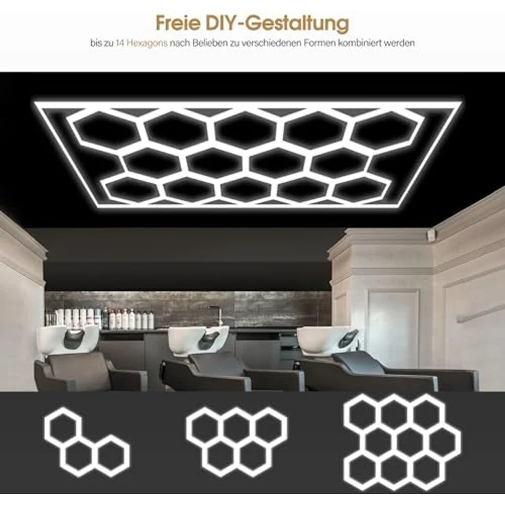 Barberpub Hexagon LED Garage Light, 68970LM 6500K Hexagon LED Beleuchtung für Werkstatt, Friseursalon, 14 Grid, LP004N/dimmbar, PVC-Rahmen – Bild 3