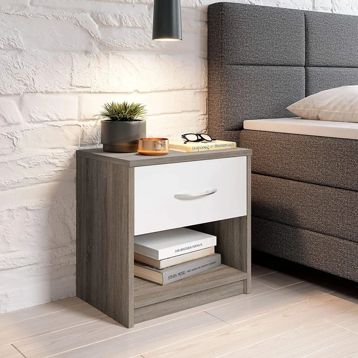 Stella Trading PEPE Nachttisch in Trüffel Optik, Weiß - Schlichter Nachtschrank mit einer Schublade passend zu jedem Bett & Schlafzimmer - 39 x 41 x 28 cm (B/H/T) – Bild 4