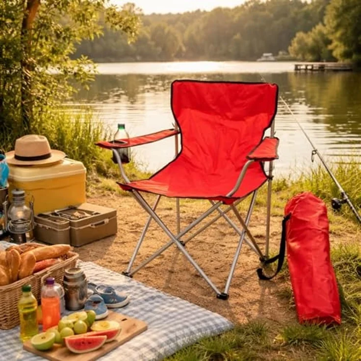 Anglersessel mit Getränkehalter und Tasche Rot belastbar bis 120kg – Bild 1