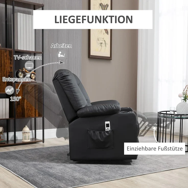 HOMCOM Massagesessel Fernsehsessel mit Liegefunktion, Rollen, Fernbedienung (Relaxsessel mit Aufstehhilfe, 2-St, TV Sessel), mit USB-Anschluss – Bild 6