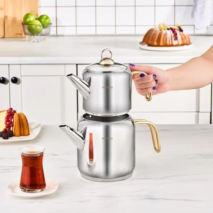 Karaca New Mira Gold Türkisches Teekannen-Set, Induktionsgeeignet, 1L Teekanne & 2L Teekessel aus Edelstahl, Spülmaschinenfest, Türkische Teekanne, Teekocher, Tea Maker, Caydanlik, Demlik – Bild 4