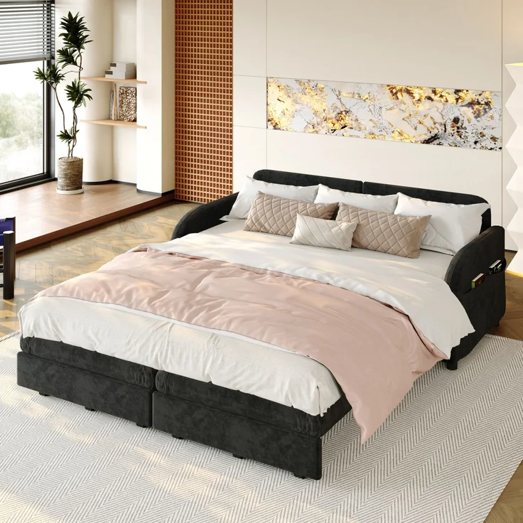 Schlafsofa 166x84x90 cm in Schwarz, 3-in-1 ausziehbar mit Stauraum und Chenillebezug – Bild 5