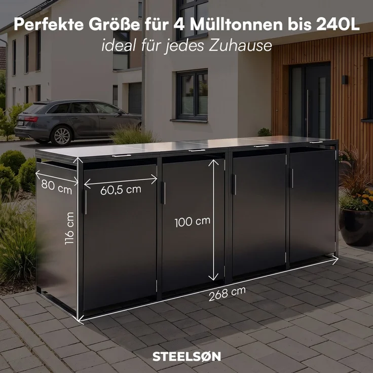 STEELSØN 'Thoria' Mülltonnenbox 4er je 240 Liter, graphitschwarz, Mülltonnenverkleidung aus Stahl, wetterfest, 116x80x268 cm, Müllbox für 4 Tonnen – Bild 9
