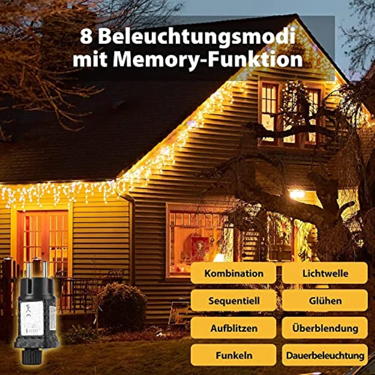 SALCAR LED Eisregen Lichterkette Außen 10m, Lichtervorhang Fenster Weihnachten Innen mit 400 LEDs, 31V mit 8 Modi und Memory-Funktion, Warmweiß – Bild 3