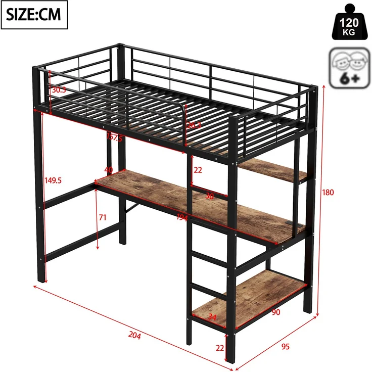 Hochbett 90x200 cm, Kinderbett und Jugendbett, mit Schreibtisch, mehrstöckigem Regal, LED-Licht und USB/Steckdose, Metall, Schwarz – Bild 10