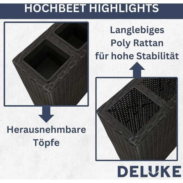 DELUKE® Blumenkasten 4 Innentöpfe aus Rattan Braun 79x22x76cm BxTxH Pflanzkübel Pflanzkasten Gartenbeet Kräuterbeet Beettöpfe Beetkübel Blumentopf – Bild 4