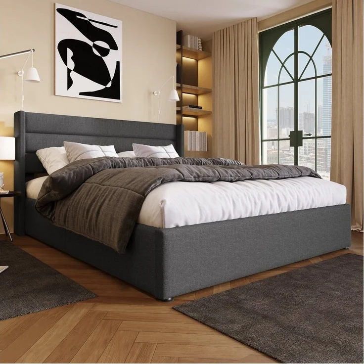 Odikalo Stauraumbett Polster Doppelbett 140/160/180 Lattenrost mit/ohne Matratze Beige/Grau – Bild 3
