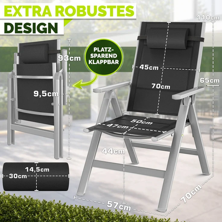 tillvex Gartenstuhl mit Polster Premium 4 Stück Silber klappbar aus Aluminium | Hochlehner mit Armlehnen | Klappstuhl verstellbar | Klappsessel Balkon Garten Terrasse – Bild 2