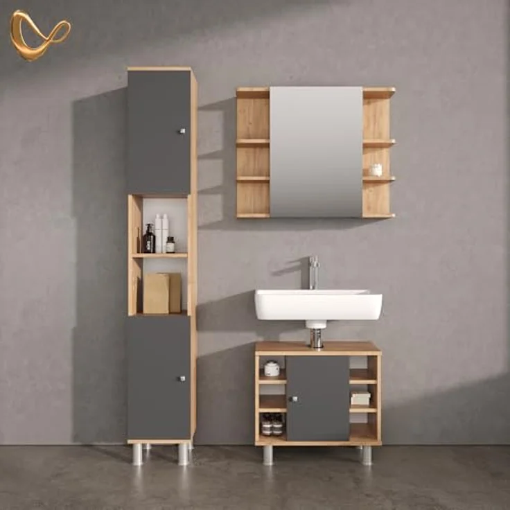 Livinity® Badezimmerspiegelschrank Fucino, Goldkraft Eiche/Anthrazit, 79.6 x 64 cm (1-St) – Bild 2