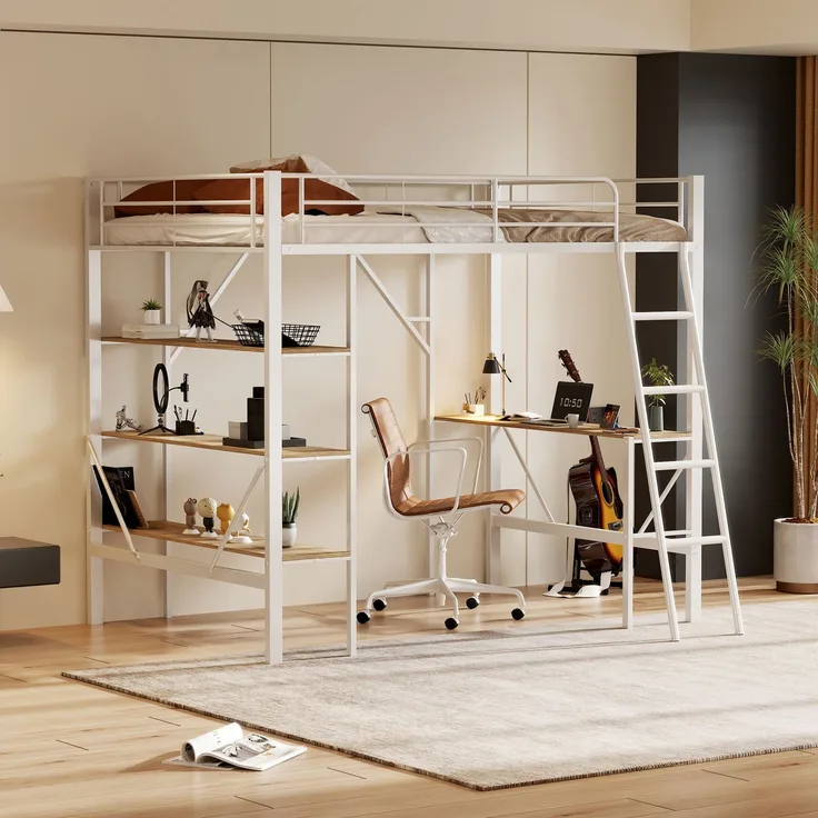 Weißes Metall-Hochbett 90x200cm mit Schreibtisch & 3 Ablagefächern, stabiler Stahlrahmen inkl. Lattenrost ohne Matratze