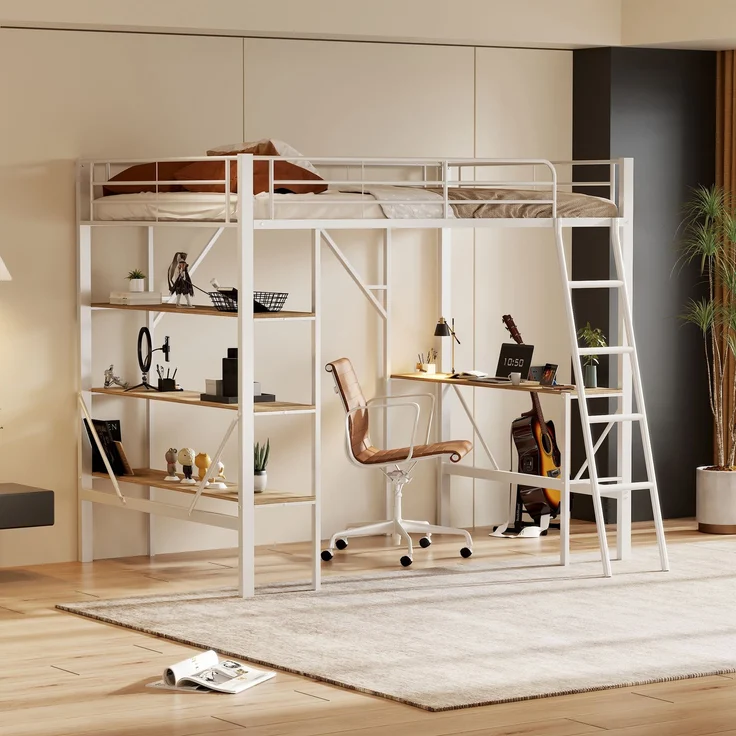 Weißes Metall-Hochbett 90x200cm mit Schreibtisch & 3 Ablagefächern, stabiler Stahlrahmen inkl. Lattenrost ohne Matratze – Bild 1