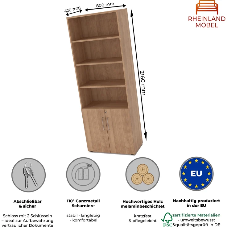 Rheinland Möbel Flügeltürenschrank Cabino 80×42×216 cm – abschließbarer Aktenschrank 2OH mit Regalaufsatz 4OH in Nussbaum mit 110° Drehtüren & Metallgriff – Bild 2