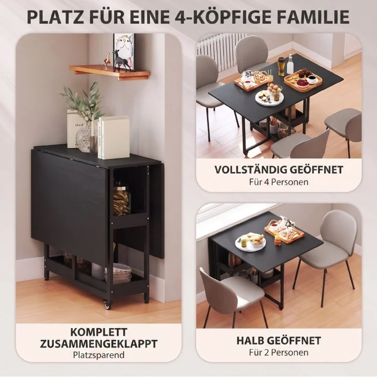JARDJ Klappbarer Esstisch im Industriedesign, für bis zu 4 Personen, offene Regale, flexibel, Metall, Spanplatte, Schwarz – Bild 4