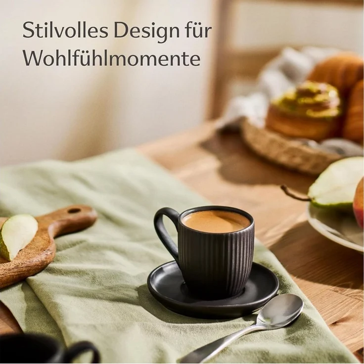 Cosumy Espressotasse Espressotassen Set 6er Schwarz Matt 90 ml mit Untertassen Mokkatassen, 12-tlg, Keramik, Handgefertigt, dickwandig, spülmaschinen- & mikrowellenfest, matt – Bild 3