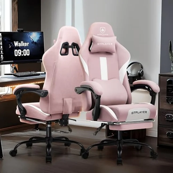 GTPLAYER Gaming-Stuhl Ergonomischer Gaming Sessel Schreibtischstuhl Gamer Stuhl aus Stoff, Federsitzkissen mit Fußstütze – Bild 2