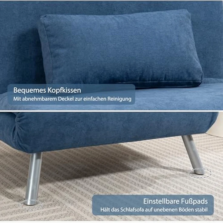 HOMCOM Schlafsofa mit verstellbarer Rückenlehne, abnehmbar Kissen, Samtoptik, 3-in-1 Schlafsessel 1 Teile, bis 120 kg, für Wohnzimmer, Schlafzimmer Blau – Bild 8