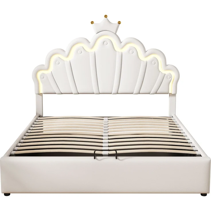 Prinzessinnenbett 140x200 cm, gepolstertes Bett mit LED-Beleuchtung und hydraulischem Stauraum, Kunstleder Weiß,mit Wolkenkopfteil und Krone – Bild 8