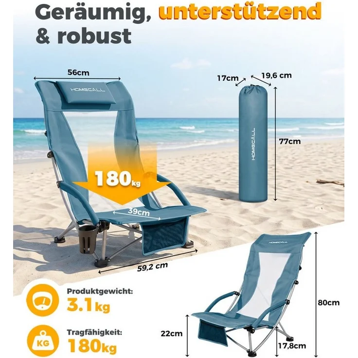 HOMECALL Klappstuhl Strandliegestuhl Klappbar leicht niedriger Strandstuhl Campingstuhl (2 St), Bequeme Rückenlehne, Gepolsterte Armlehnen, bis 180 kg – Bild 2