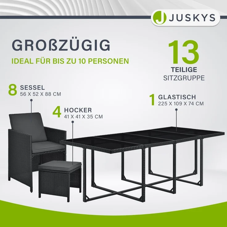 Juskys Polyrattan Sitzgruppe Baracoa XXL 13-teilig wetterfest & stapelbar – Gartenmöbel Set mit 8 Stühle, 4 Hocker & Tisch für Garten & Terrasse – Bild 3