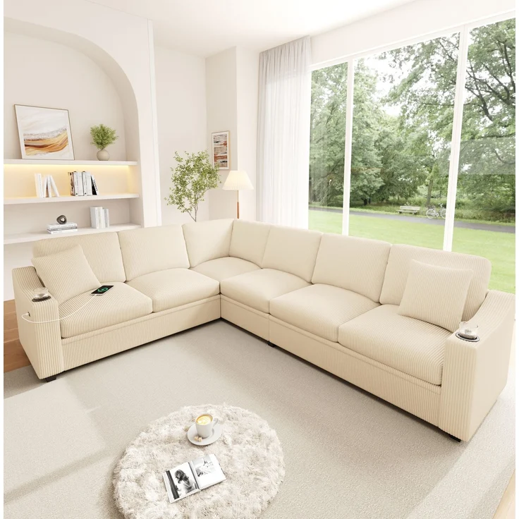 Ecksofa 277x215x85 cm in Beige mit Cordbezug, USB-Anschluss und Getränkehaltern – Bild 3