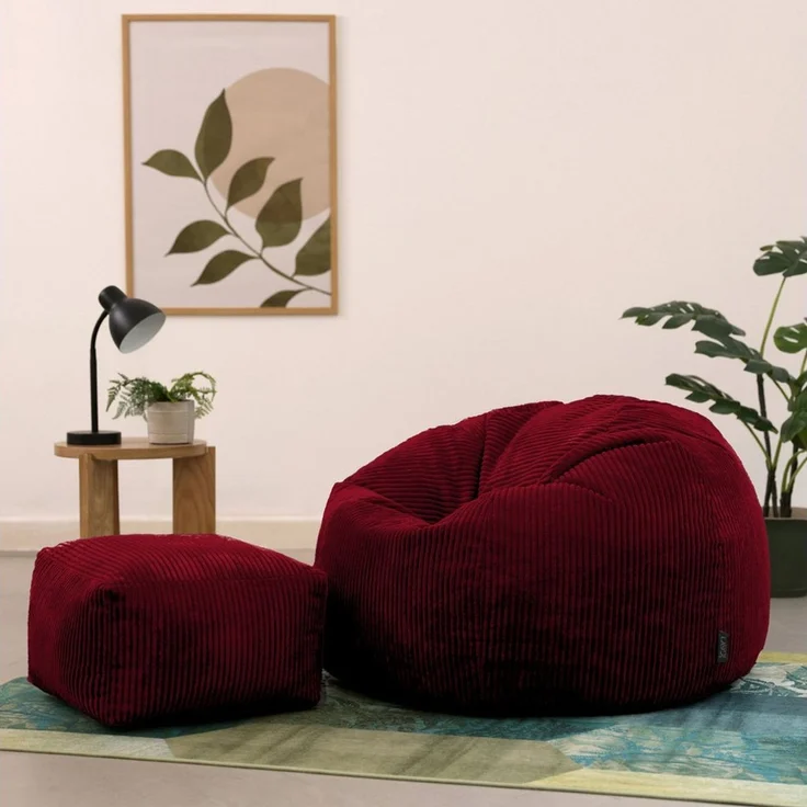 Icon Kingston Sitzsack mit Hocker Cord, Burgund, Sitzsack Erwachsene mit Füllung, Bean Bag, Cord Sessel, Lounge Sessel, Lounge Stuhl, Schlafzimmer, Wohnzimmer, Wohnzimmer Möbel – Bild 2