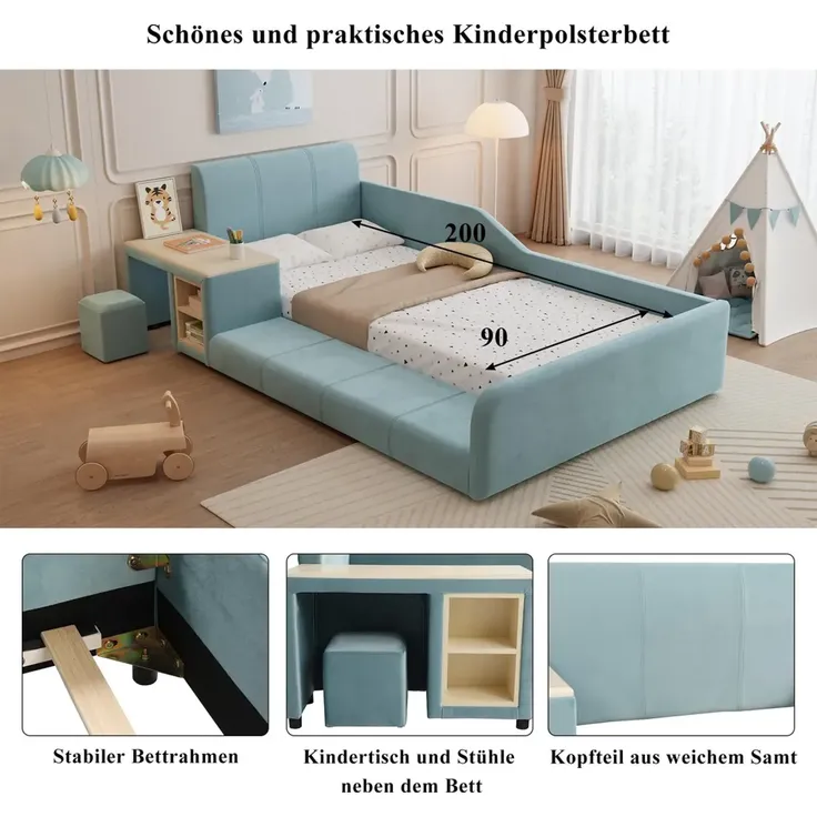 Polsterbett mit Tisch, Hocker, gepolstertem Kopfteil, Lattenrost und Regal, 90x200 cm, Kinderbett, Einzelbett, Samt – Bild 4