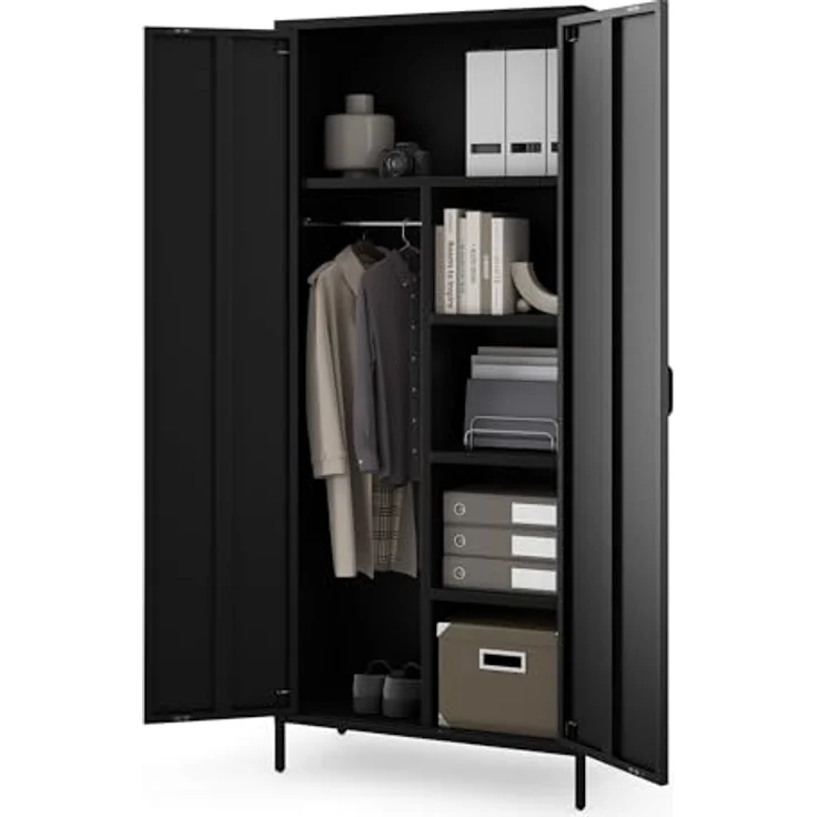 Jan Nowak Kleiderschrank 2 Türig, Metallschrank Glitzernd - Flavio | Ablagen, Kleiderstange, Magnetverschluss | Geräumiger Garderobenschrank für Schlafzimmer | 80 x 185 x 45 cm | Schwarz – Bild 4