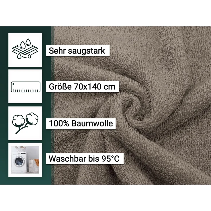 ZOLLNER 5er Set Duschtücher, 100% Baumwolle, 70x140 cm, taupe – Bild 3