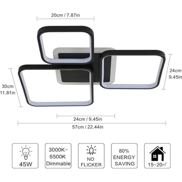 Comely LED Deckenleuchte Dimmbar Quadrat, 57cm 45W Schwarz Moderne LED deckenlampe mit Fernbedienung für Wohnzimmer Schlafzimmer, Dimmbar 3000K-6500K – Bild 5