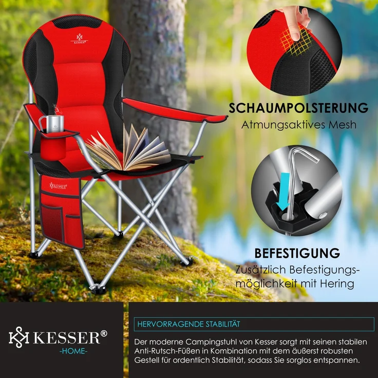 KESSER® Campingstuhl faltbar bis 150 kg Angelstuhl Faltstuhl Klappstuhl Gepolstert mit Armlehnen, Getränkehalter + Tasche mit hoher Rückenlehne, Strandstuhl, Klapphocker Rot / Schwarz – Bild 7