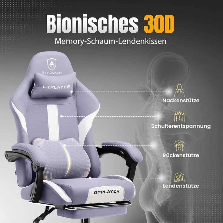 GTPLAYER Bürostuhl Gaming Stuhl Massage Gaming Sessel Ergonomischer Gamer Stuhl mit Fußstütze, Kopfstütze Massage-Lendenkissen, Gepolstert Game Chair, Drehsessel Stoff – Bild 3