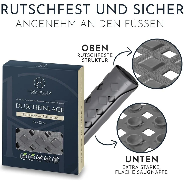 Homerella Duschmatte rutschfest - 100% BPA frei - Inkl. 2 Haken zum Aufhängen 53x53cm, Antirutschmatte Dusche hautsensitiv & schimmelresistent, - Duscheinlage maschinenwaschbar – Bild 4
