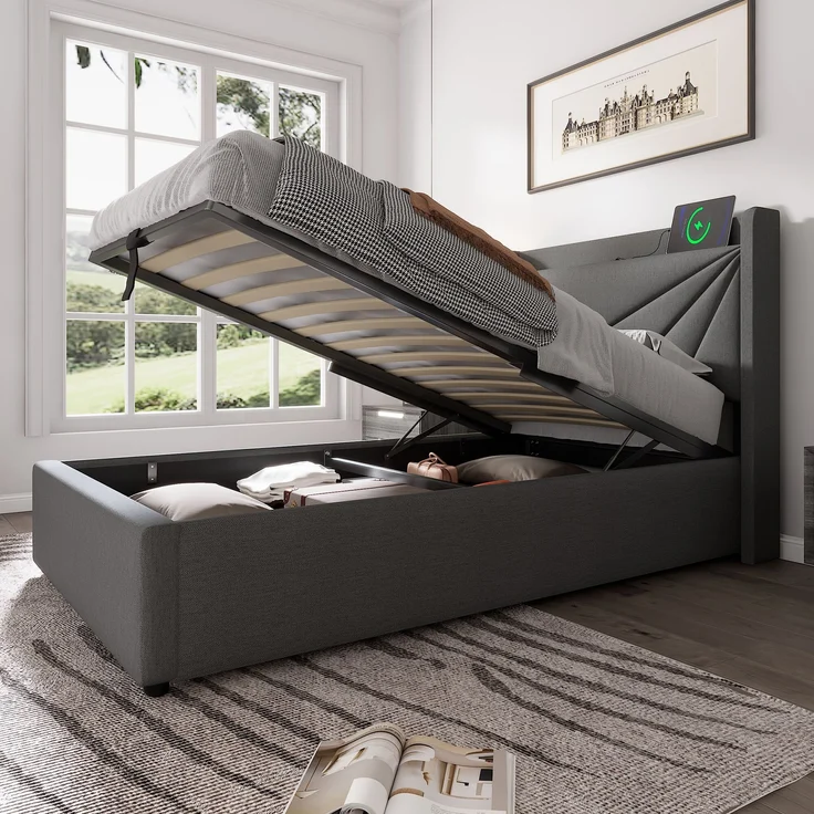 Polsterbett Baumwoll-Leinen mit Bettkasten & USB-Anschluss, 96x208x107 cm, Grau, ohne Matratze – Bild 2