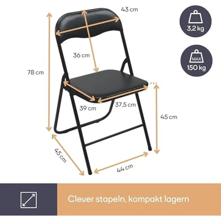 Gepolsterter Klappstuhl schwarz, faltbarer Stuhl, Campingstuhl, Terrassenmöbel – Bild 3