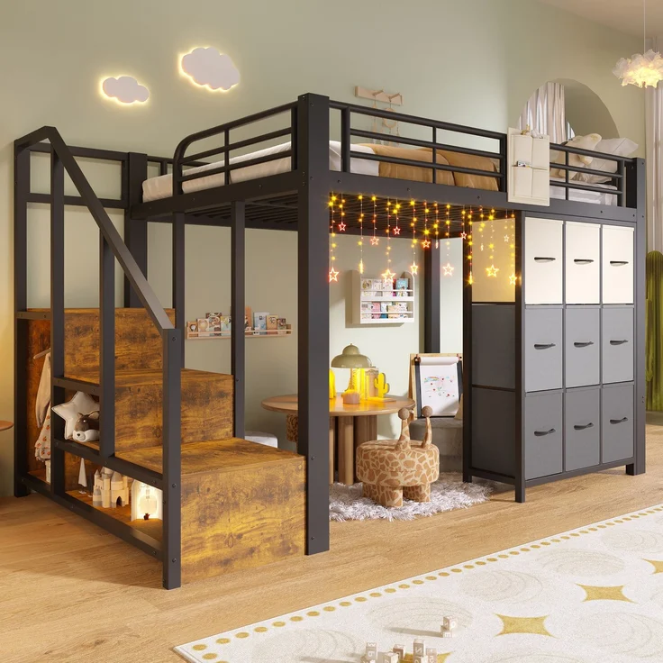 Merax Hochbett, Kinderbett 140×200 cm, Metall, mit Schubladen, Kleiderstange, Geländer, Treppe mit Stauraum, ohne Matratze, Schwarz – Bild 5