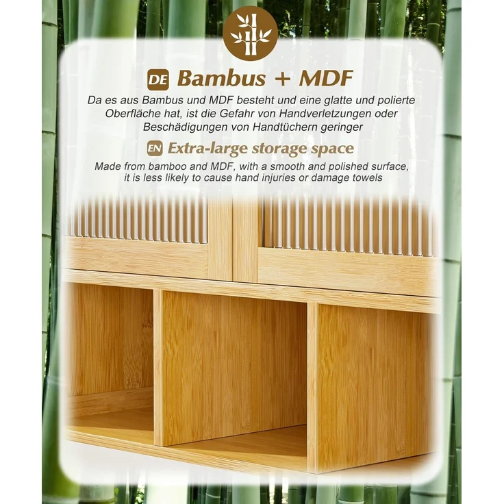 Yorbay Hängeschrank Bambus Badezimmerschrank (59x22x66 cm, Magnetverschluss & verstellbare Regale) Wandschrank mit Doppeltüren – Bild 8