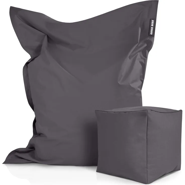 Green Bean® 2er Set XXL Sitzsack inkl. Pouf mit EPS-Perlen - Riesensitzsack 140x180 Liege-Kissen Bean-Bag - Anthrazit